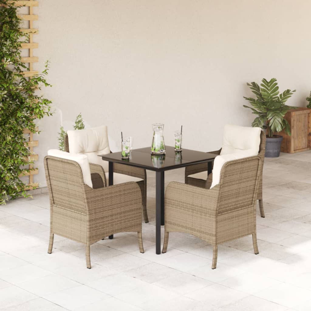 5 Pcs conjunto de jantar p/ jardim com almofadões vime PE bege