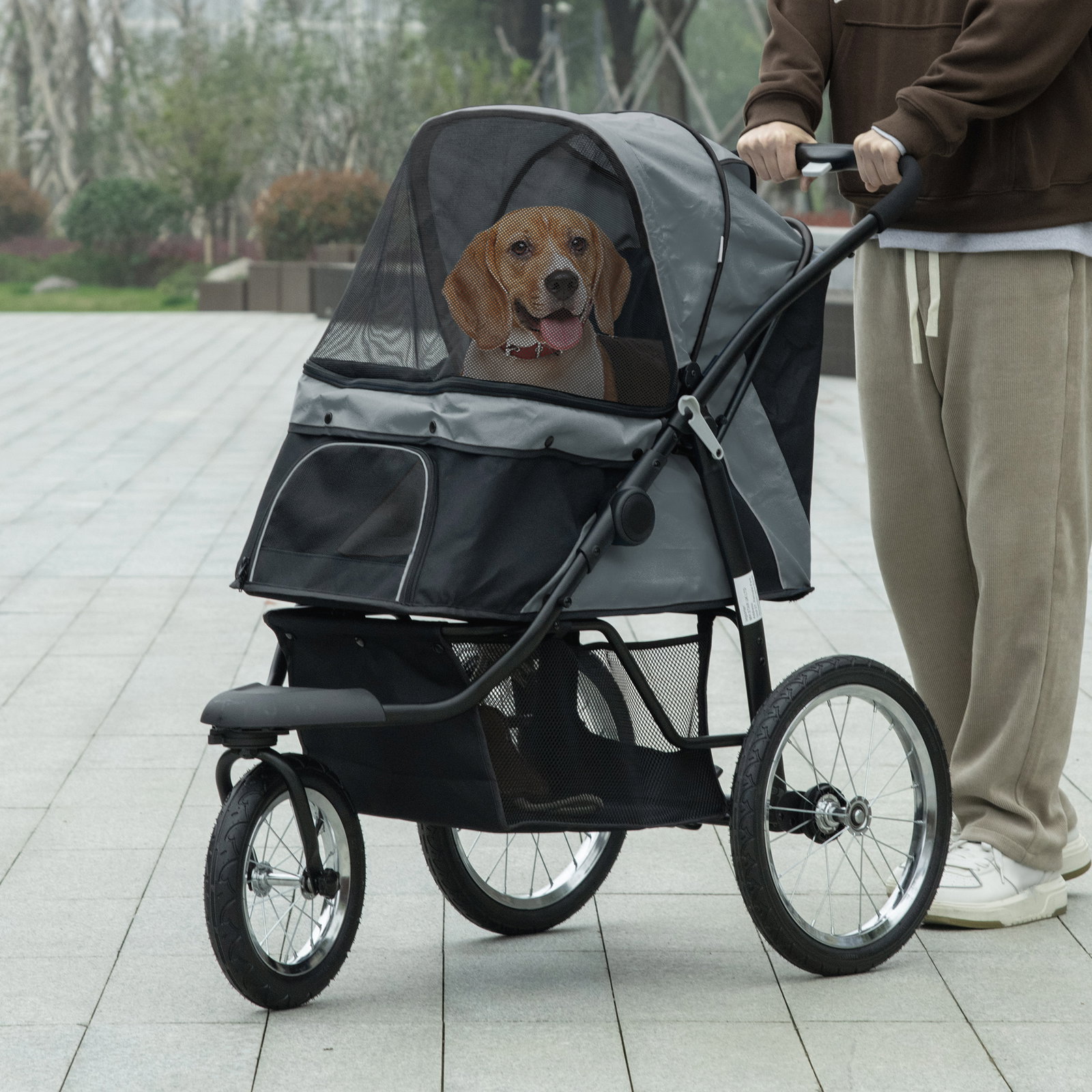 Carrinho para cães dobrável para cães médios e pequenos com cesta de armazenamento capota ajustável 111x58x107 cm cinza