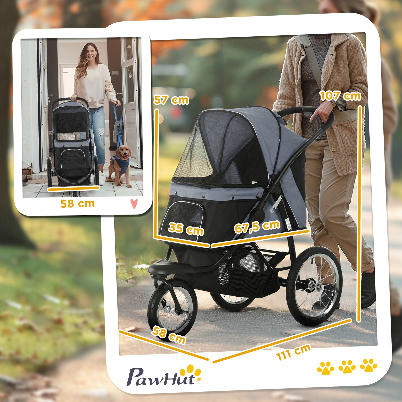 Carrinho para cães dobrável para cães médios e pequenos com cesta de armazenamento capota ajustável 111x58x107 cm cinza