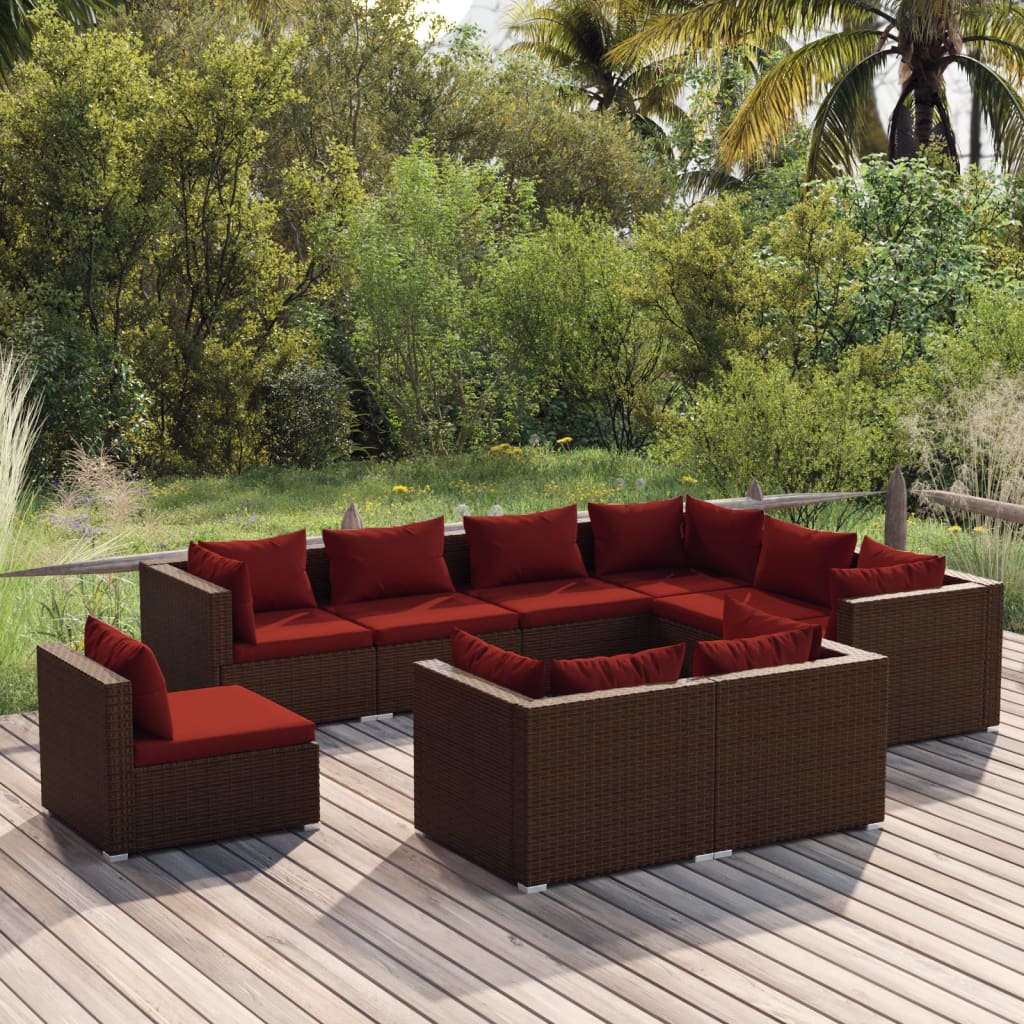 9 Pcs conjunto lounge de jardim c/ almofadões vime PE castanho