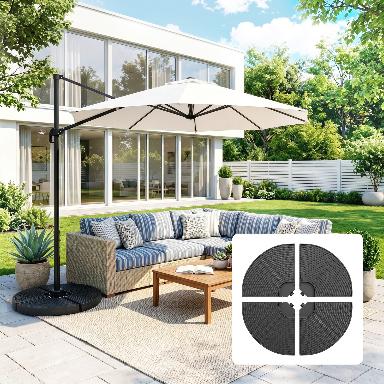 Base para chapéu de sol de 4 peças recarregável com areia 68 kg ou água 52 kg para jardim pátio ou terraço preto