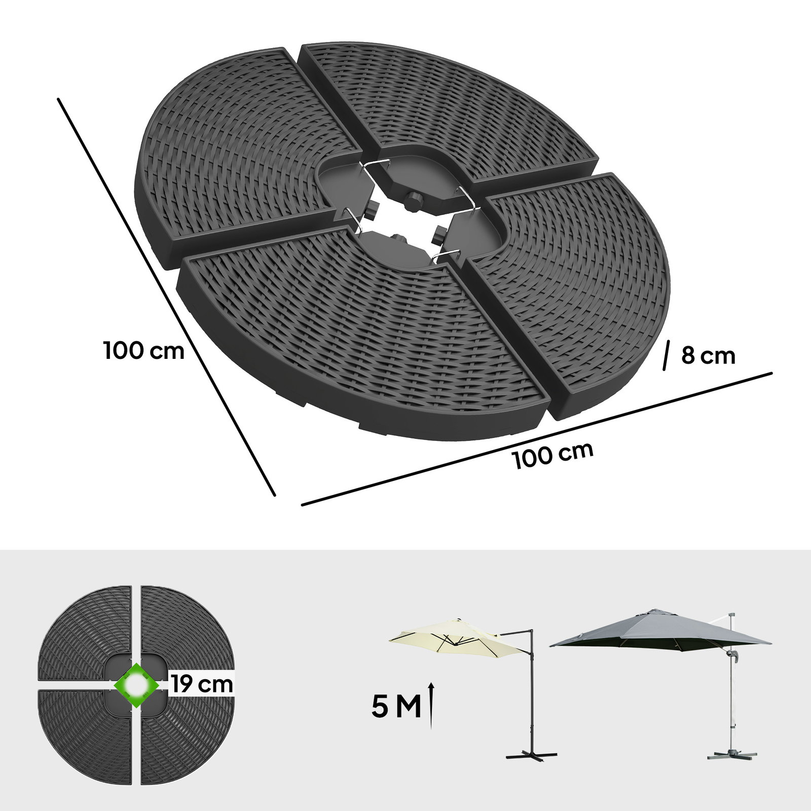 Base para chapéu de sol de 4 peças recarregável com areia 68 kg ou água 52 kg para jardim pátio ou terraço preto