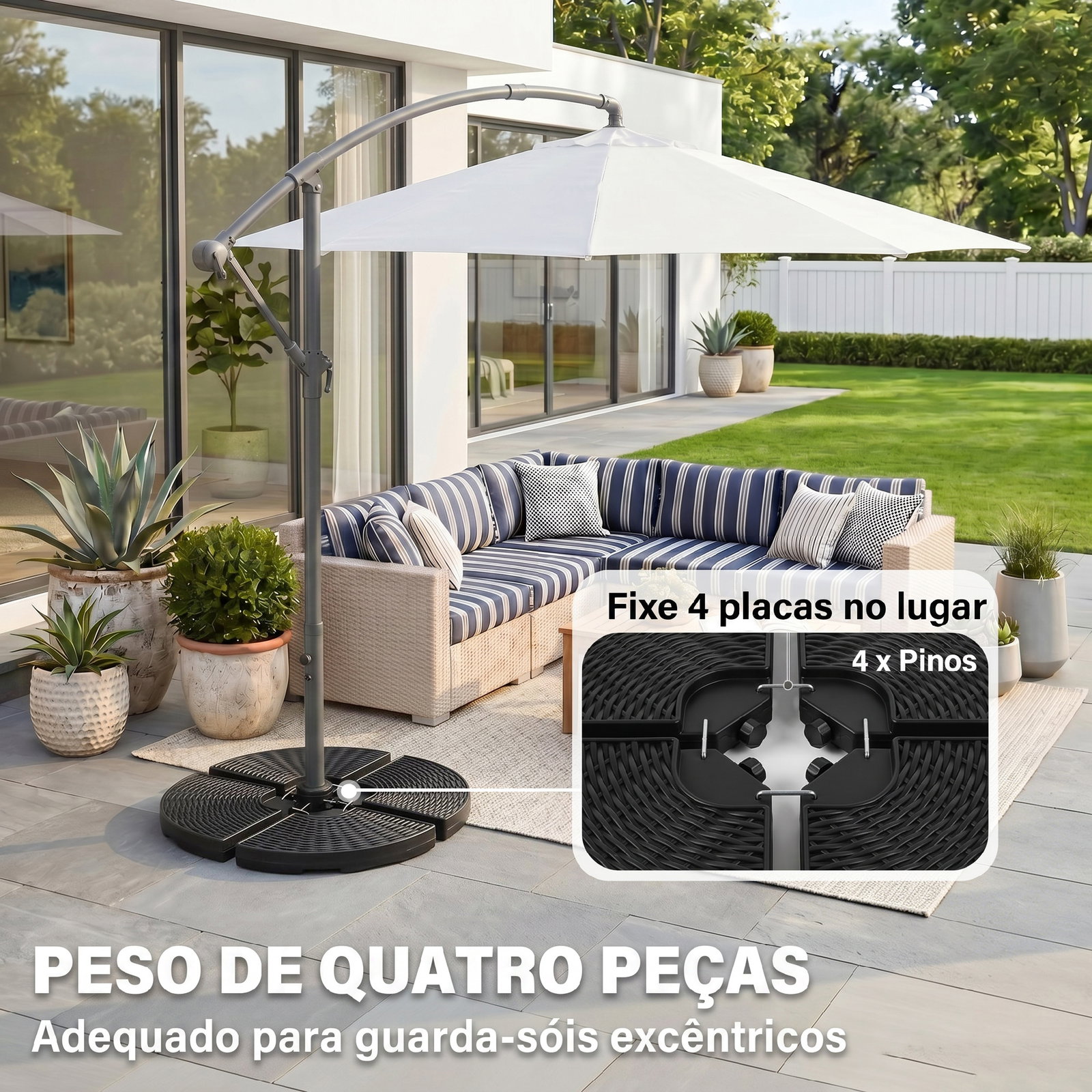 Base para chapéu de sol de 4 peças recarregável com areia 68 kg ou água 52 kg para jardim pátio ou terraço preto