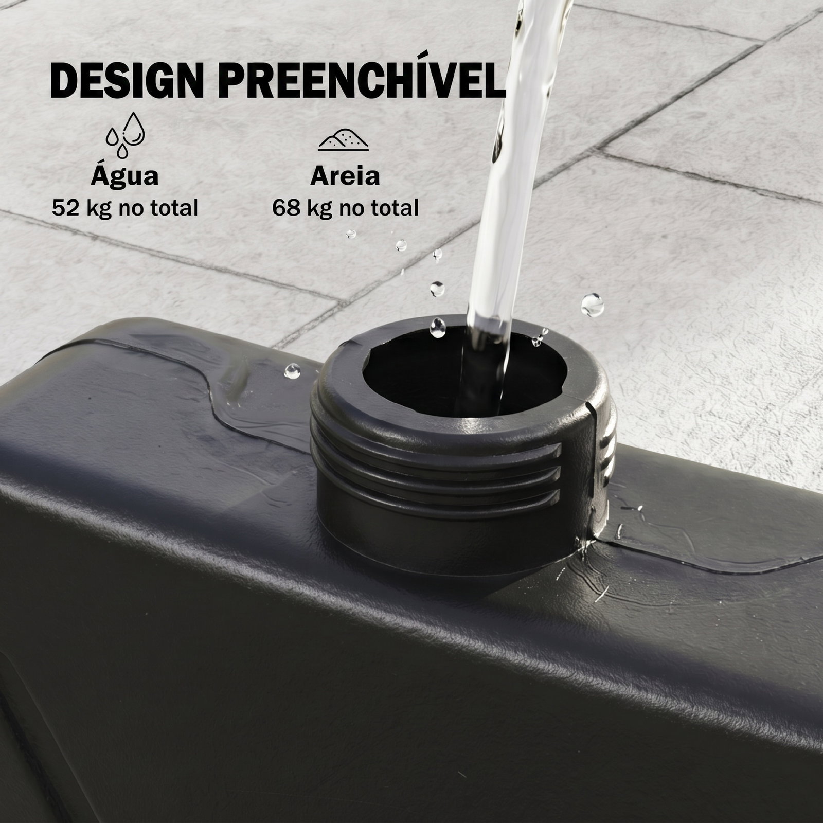 Base para chapéu de sol de 4 peças recarregável com areia 68 kg ou água 52 kg para jardim pátio ou terraço preto
