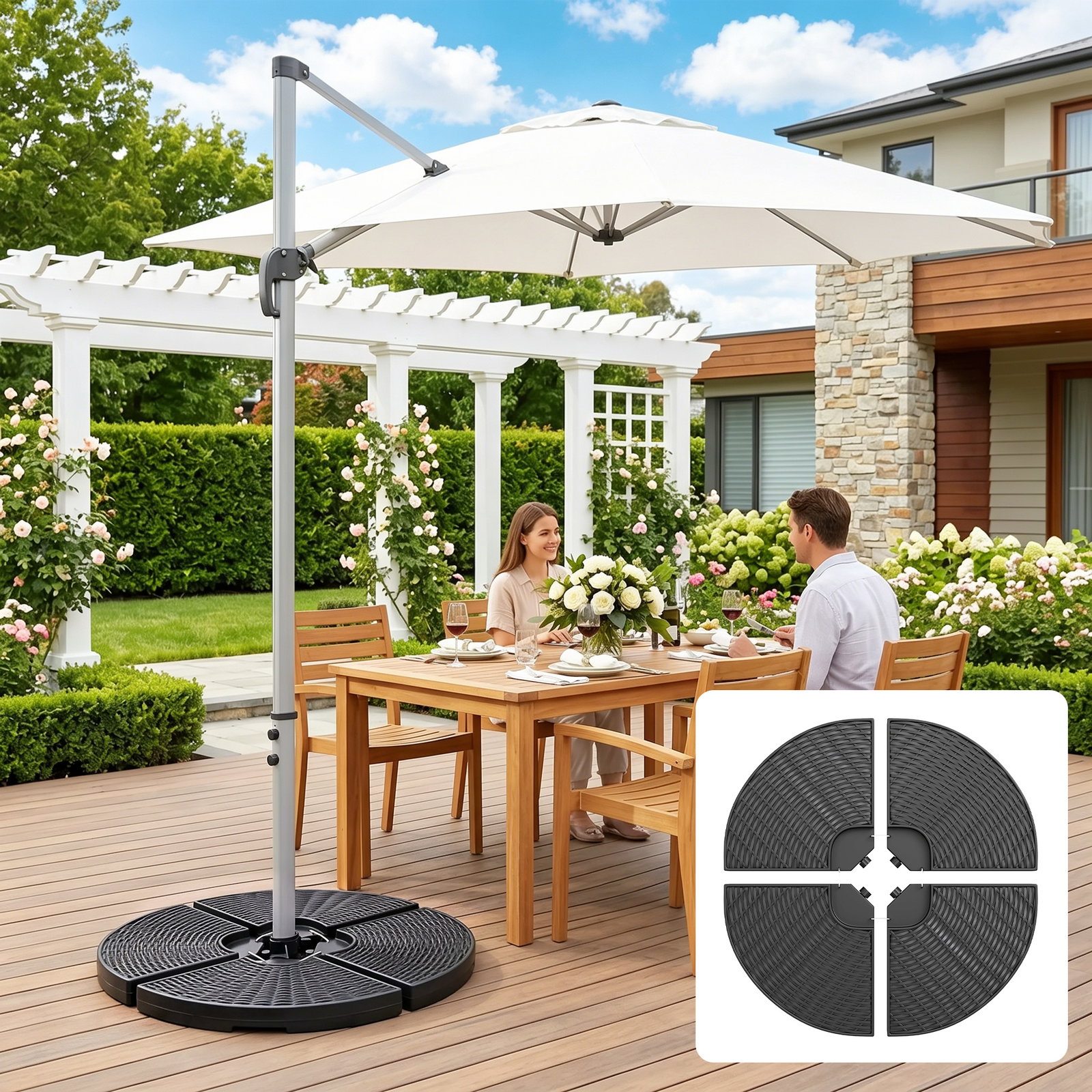 Base para chapéu de sol de 4 peças recarregável com areia 68 kg ou água 52 kg para jardim pátio ou terraço preto
