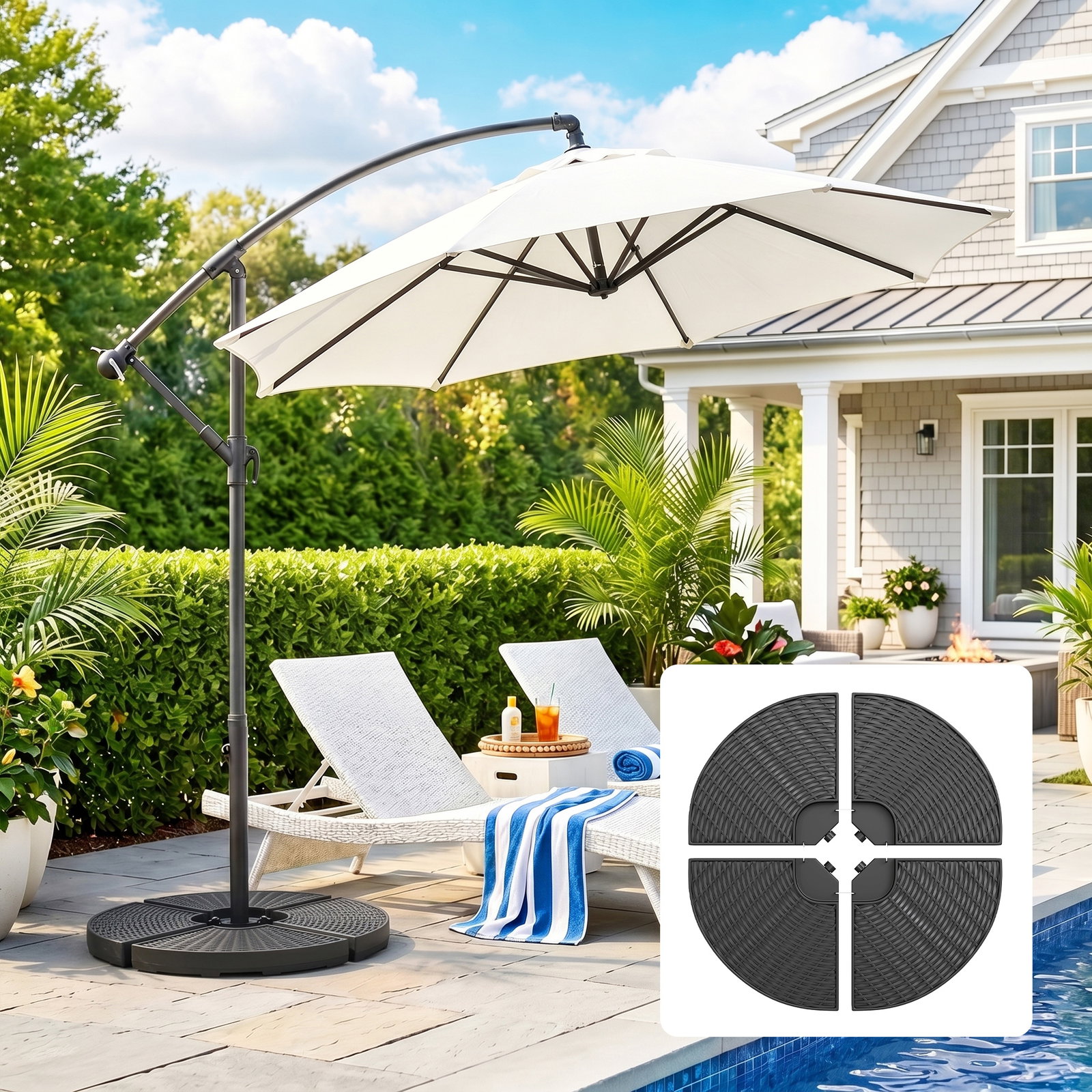 Base para chapéu de sol de 4 peças recarregável com areia 68 kg ou água 52 kg para jardim pátio ou terraço preto