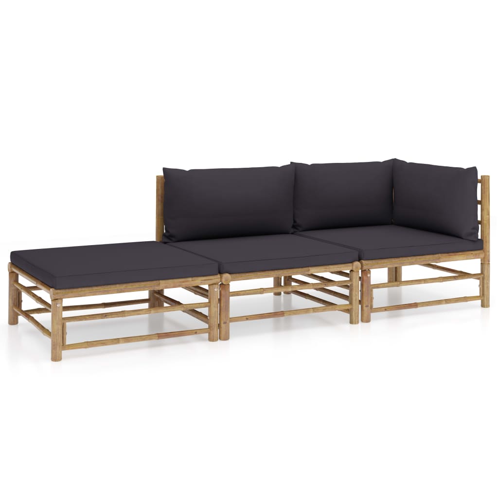 3 Pcs conj. lounge jardim em bambu c/ almofadões cinza-escuro