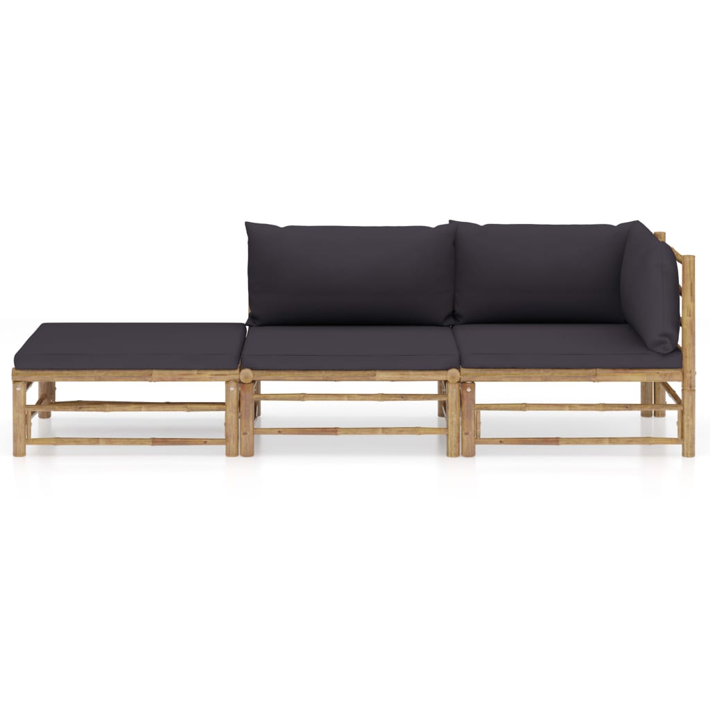 3 Pcs conj. lounge jardim em bambu c/ almofadões cinza-escuro