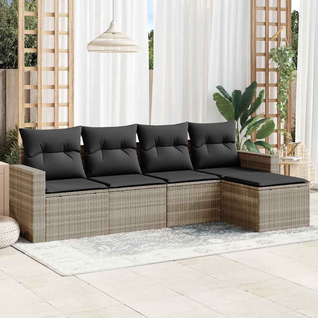 5 Pcs conj. sofás jardim c/ almofadões vime PE cinzento-claro