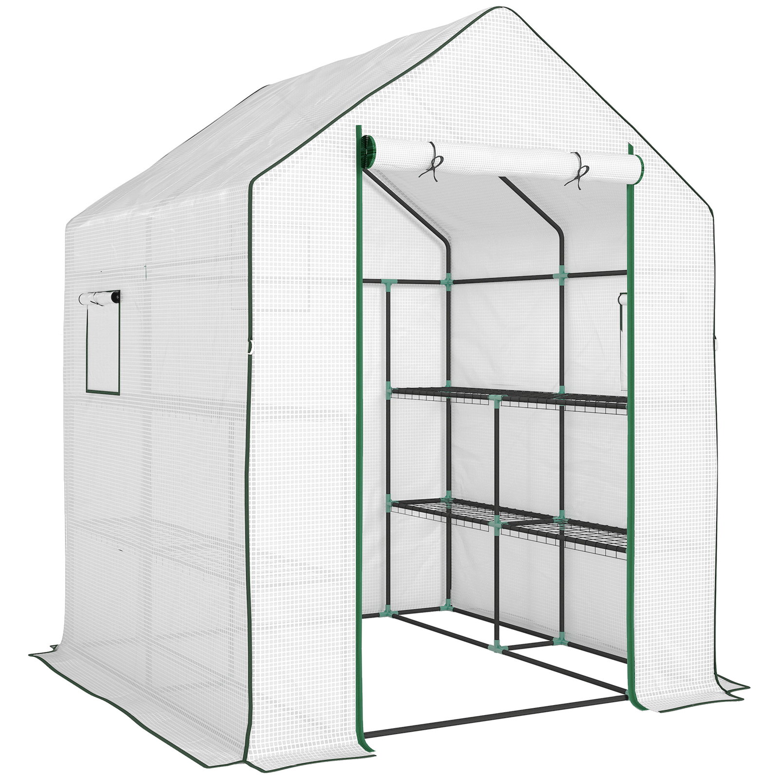 Estufa de jardim pequena de 3 níveis com 6 prateleiras porta enrolável e capa de PE 140x143x190 cm branco