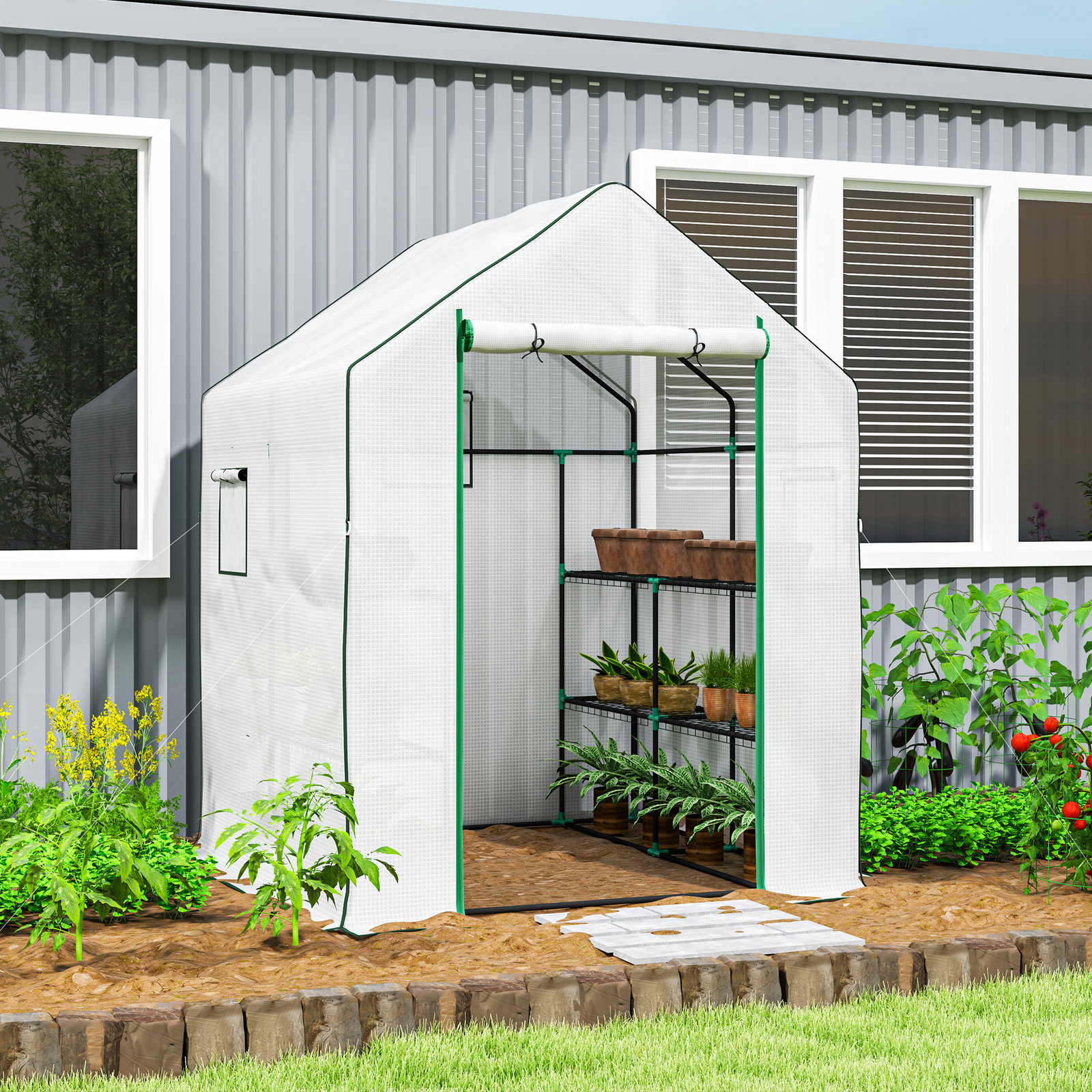 Estufa de jardim pequena de 3 níveis com 6 prateleiras porta enrolável e capa de PE 140x143x190 cm branco