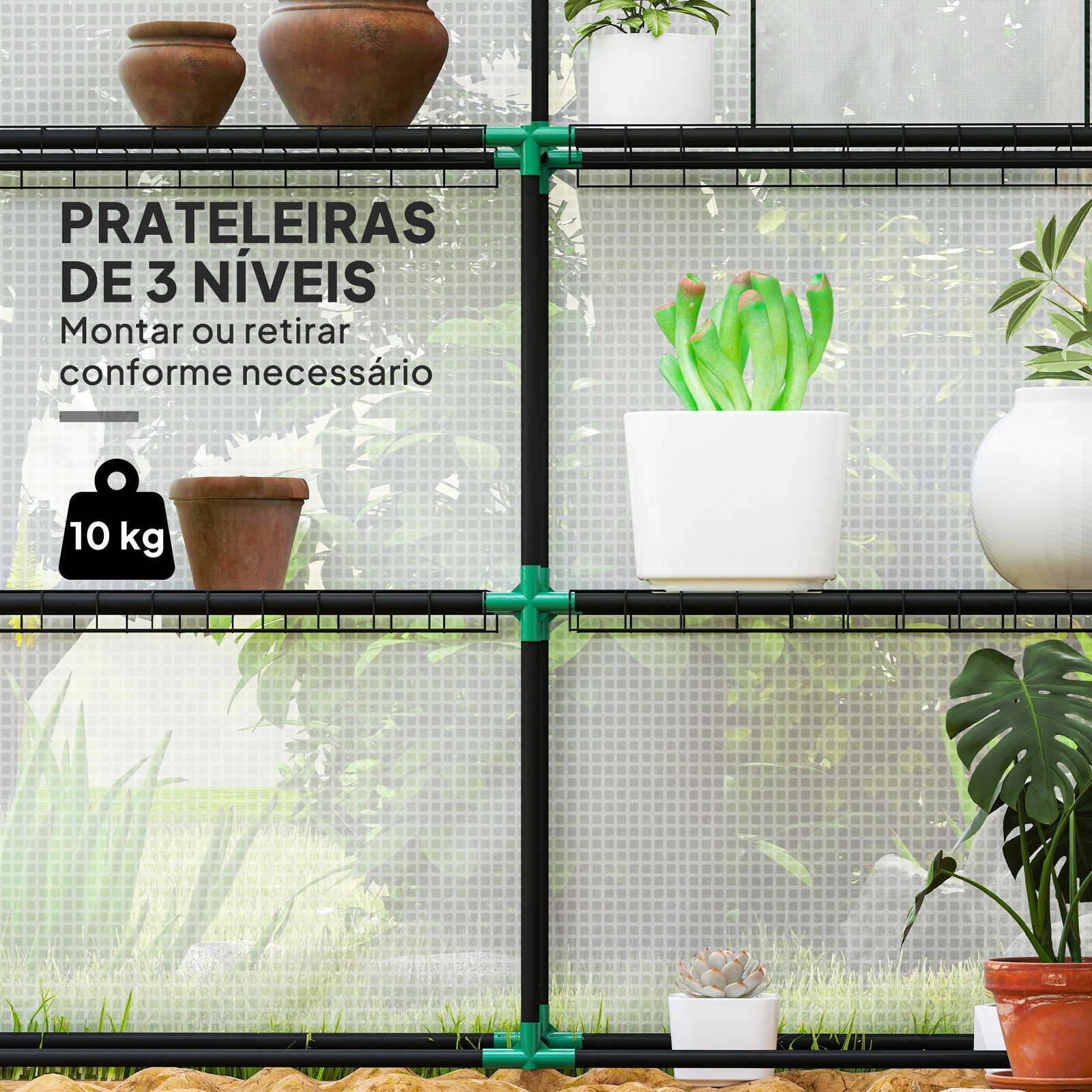 Estufa de jardim pequena de 3 níveis com 6 prateleiras porta enrolável e capa de PE 140x143x190 cm branco