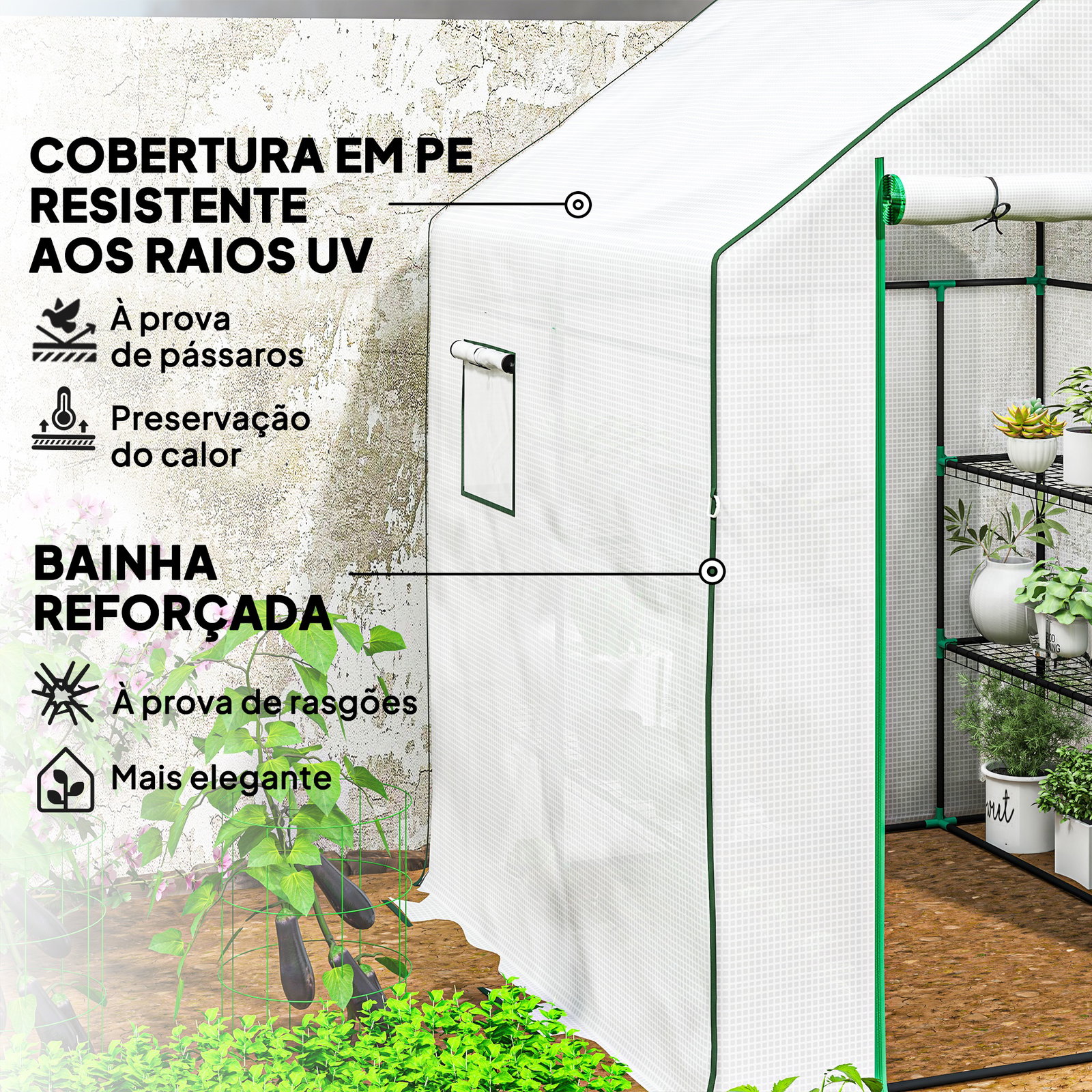 Estufa de jardim pequena de 3 níveis com 6 prateleiras porta enrolável e capa de PE 140x143x190 cm branco