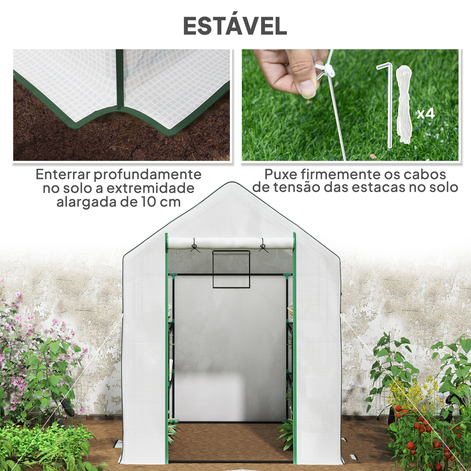 Estufa de jardim pequena de 3 níveis com 6 prateleiras porta enrolável e capa de PE 140x143x190 cm branco