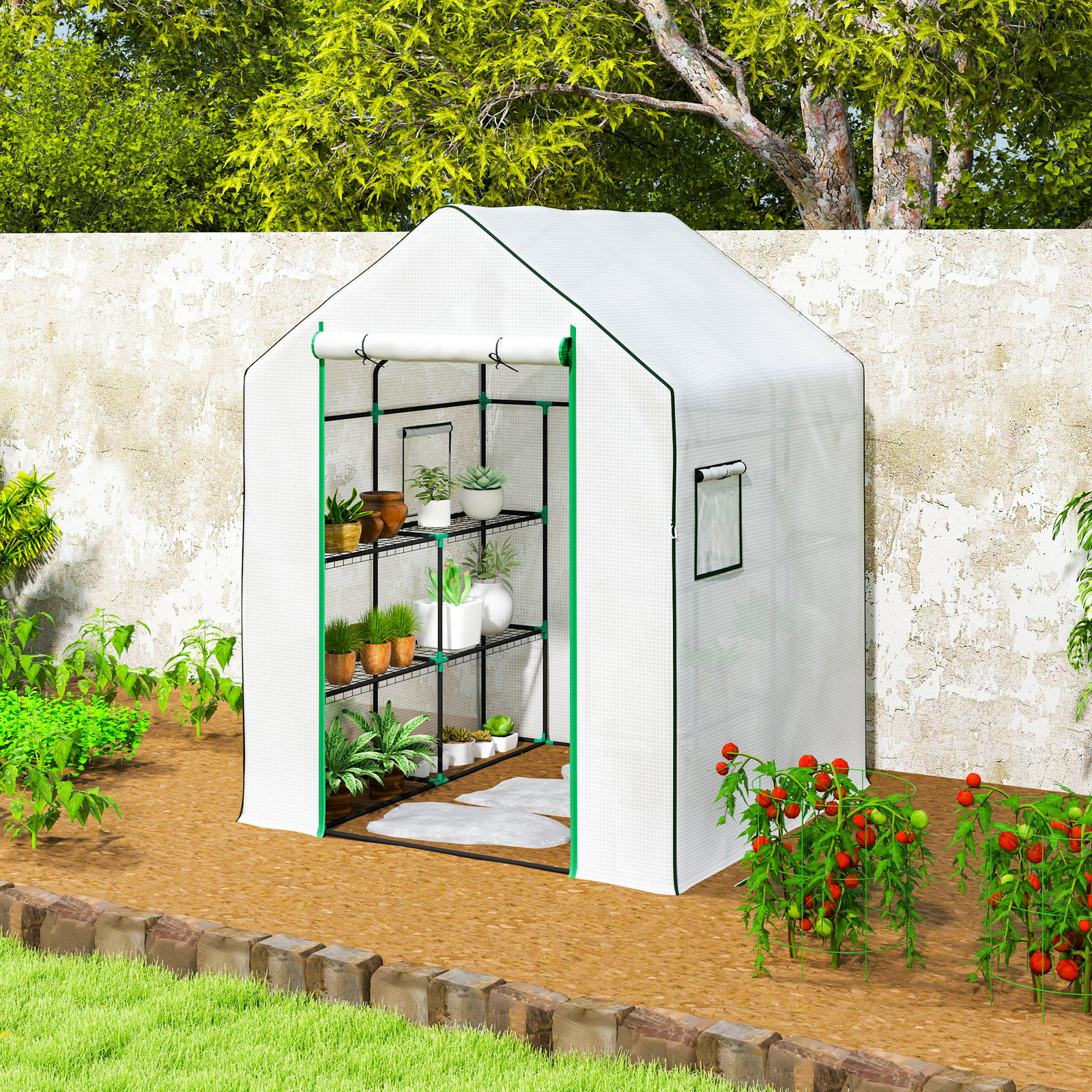 Estufa de jardim pequena de 3 níveis com 6 prateleiras porta enrolável e capa de PE 140x143x190 cm branco