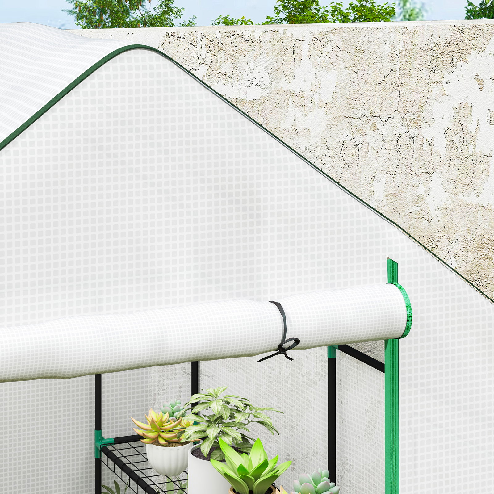 Estufa de jardim pequena de 3 níveis com 6 prateleiras porta enrolável e capa de PE 140x143x190 cm branco