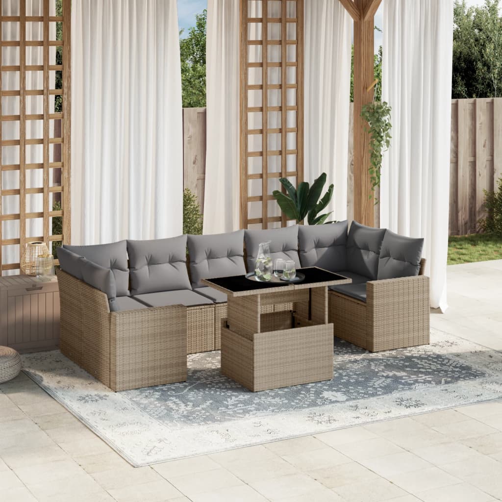 8 Pcs conjunto de sofás p/ jardim com almofadões vime PE bege