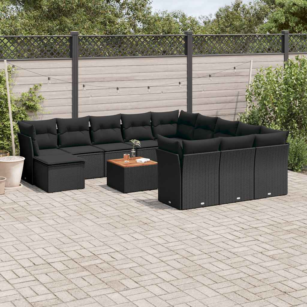 13 Pcs conjunto de sofás de jardim com almofadões vime PE preto