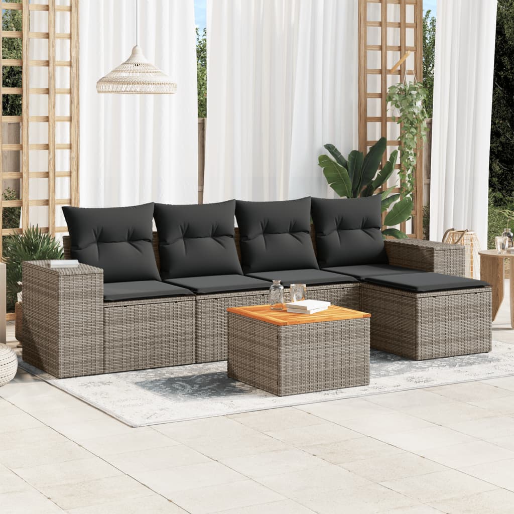 6 Pcs conjunto sofás de jardim com almofadões vime cinzento