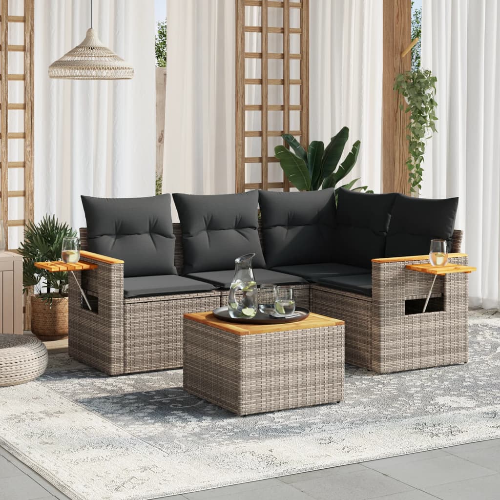 5 Pcs conjunto sofás de jardim c/ almofadões vime PE cinzento