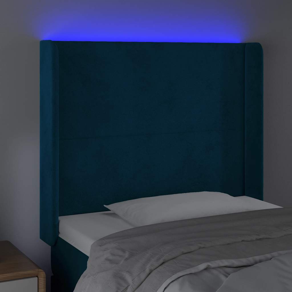 Cabeceira cama c/ luzes LED veludo 83x16x118/128 cm azul-escuro