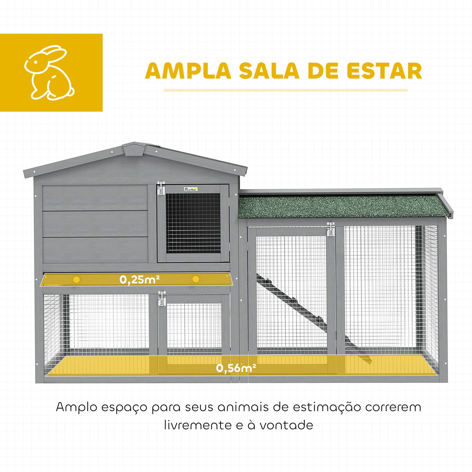 Coelheira de madeira de 2 níveis com telhado asfáltico bandeja removível e escada para exterior 150x45x85 cm cinzento