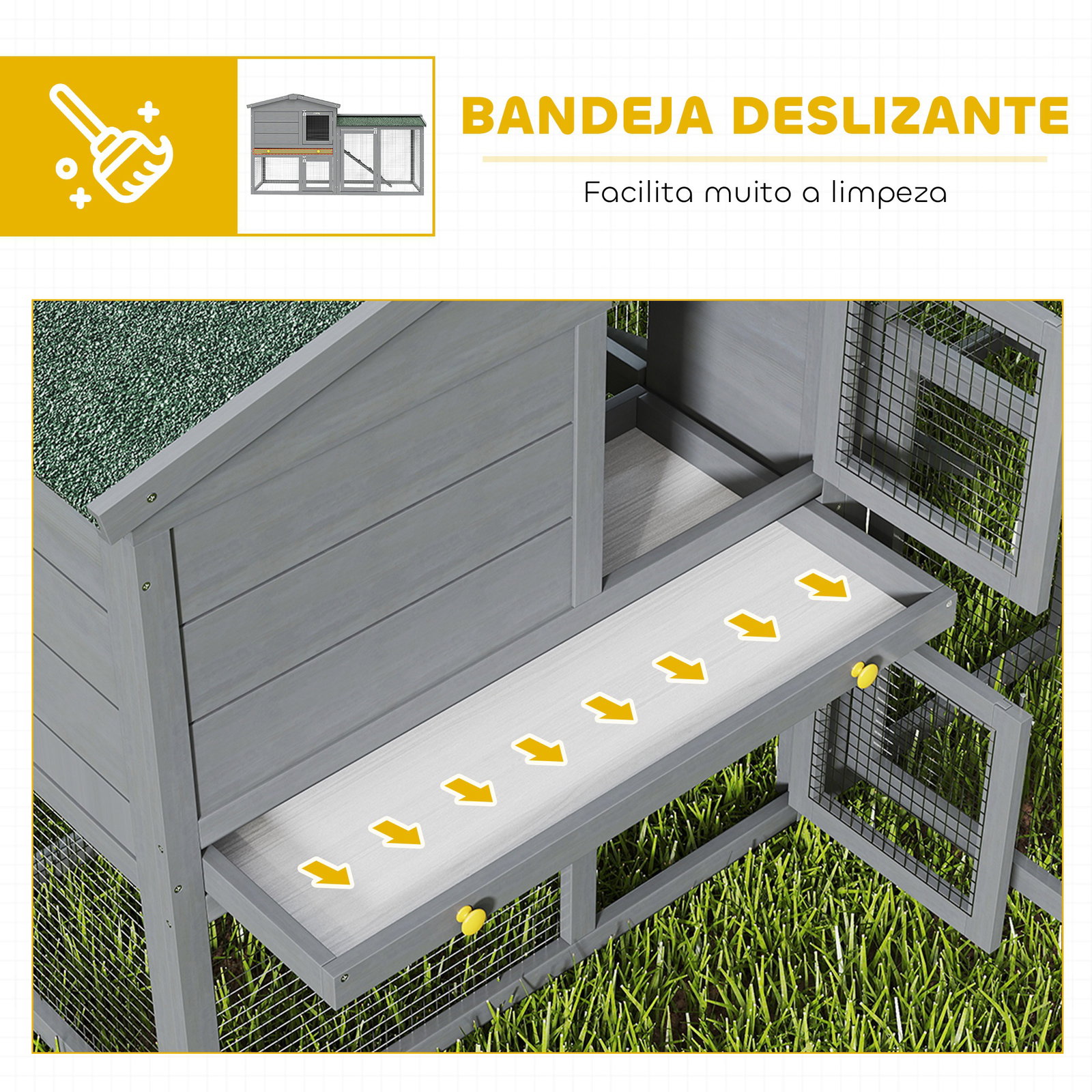 Coelheira de madeira de 2 níveis com telhado asfáltico bandeja removível e escada para exterior 150x45x85 cm cinzento