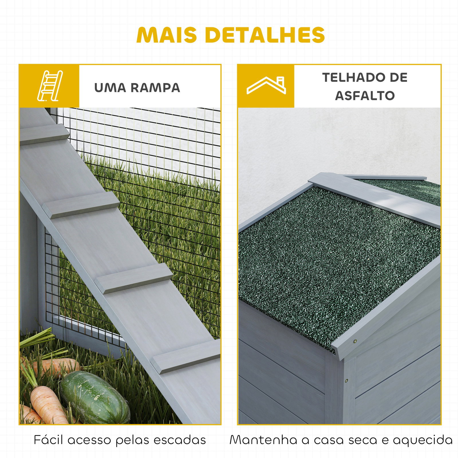 Coelheira de madeira de 2 níveis com telhado asfáltico bandeja removível e escada para exterior 150x45x85 cm cinzento