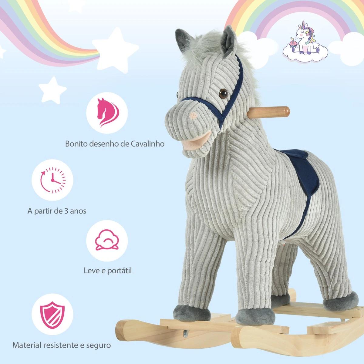 Baloiço Infantil de Cavalo para Crianças acima de 3 Anos Baloiço de Pelúcia com Sons de Relinchos e Galopes e Base de Madeira 73