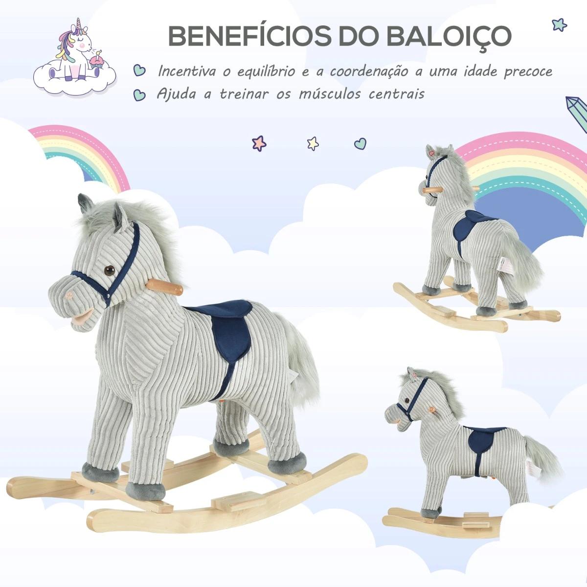 Baloiço Infantil de Cavalo para Crianças acima de 3 Anos Baloiço de Pelúcia com Sons de Relinchos e Galopes e Base de Madeira 73