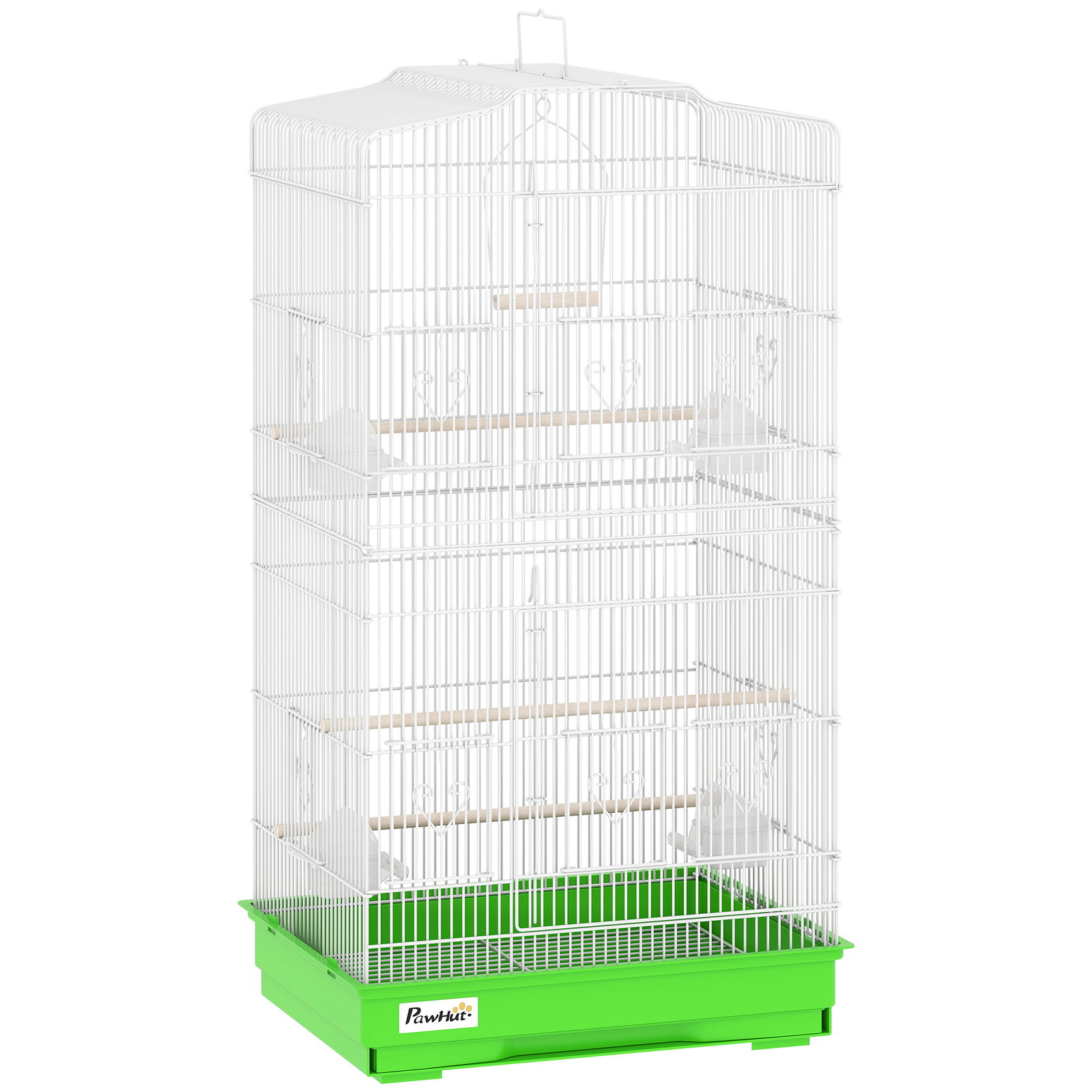 Gaiola para pássaros pajarera de metal com 4 comedouros 3 poleiros baloiço e bandeja removível alça 46,5x35,5x92 cm verde