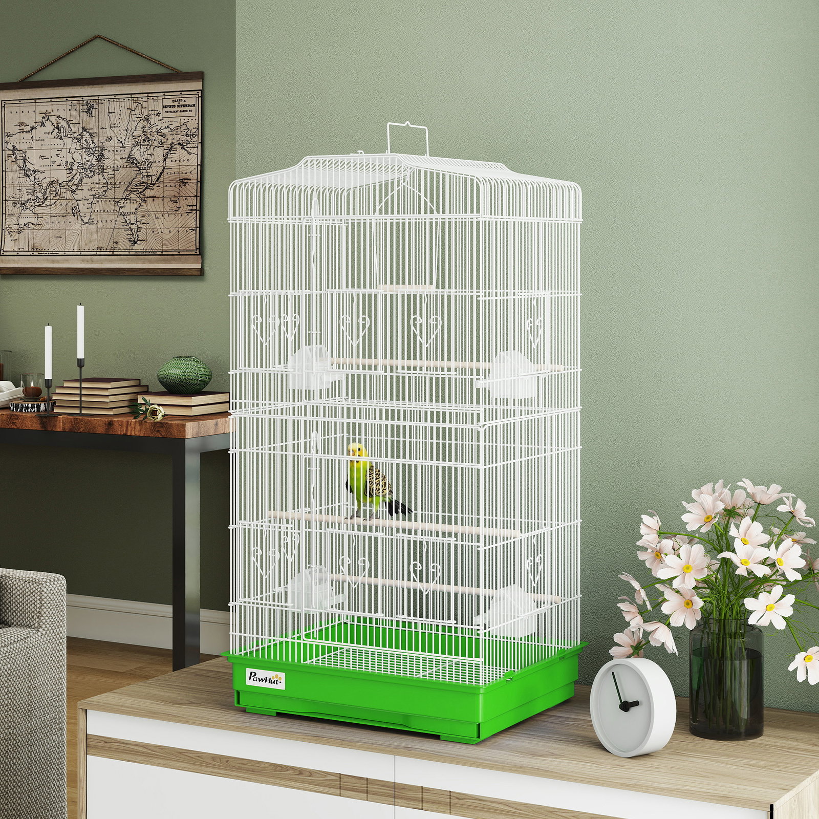 Gaiola para pássaros pajarera de metal com 4 comedouros 3 poleiros baloiço e bandeja removível alça 46,5x35,5x92 cm verde