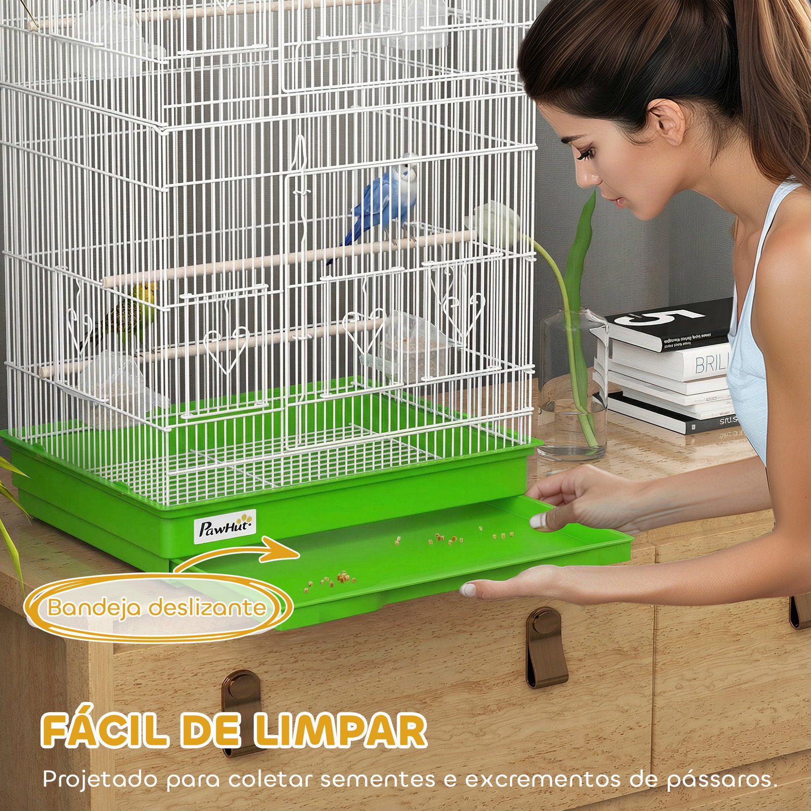 Gaiola para pássaros pajarera de metal com 4 comedouros 3 poleiros baloiço e bandeja removível alça 46,5x35,5x92 cm verde