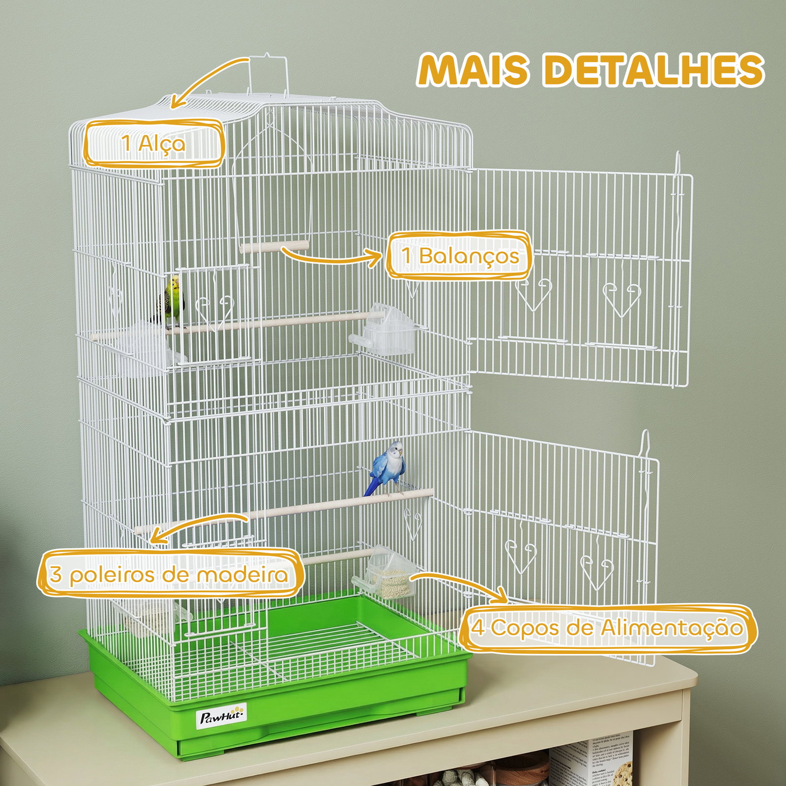 Gaiola para pássaros pajarera de metal com 4 comedouros 3 poleiros baloiço e bandeja removível alça 46,5x35,5x92 cm verde