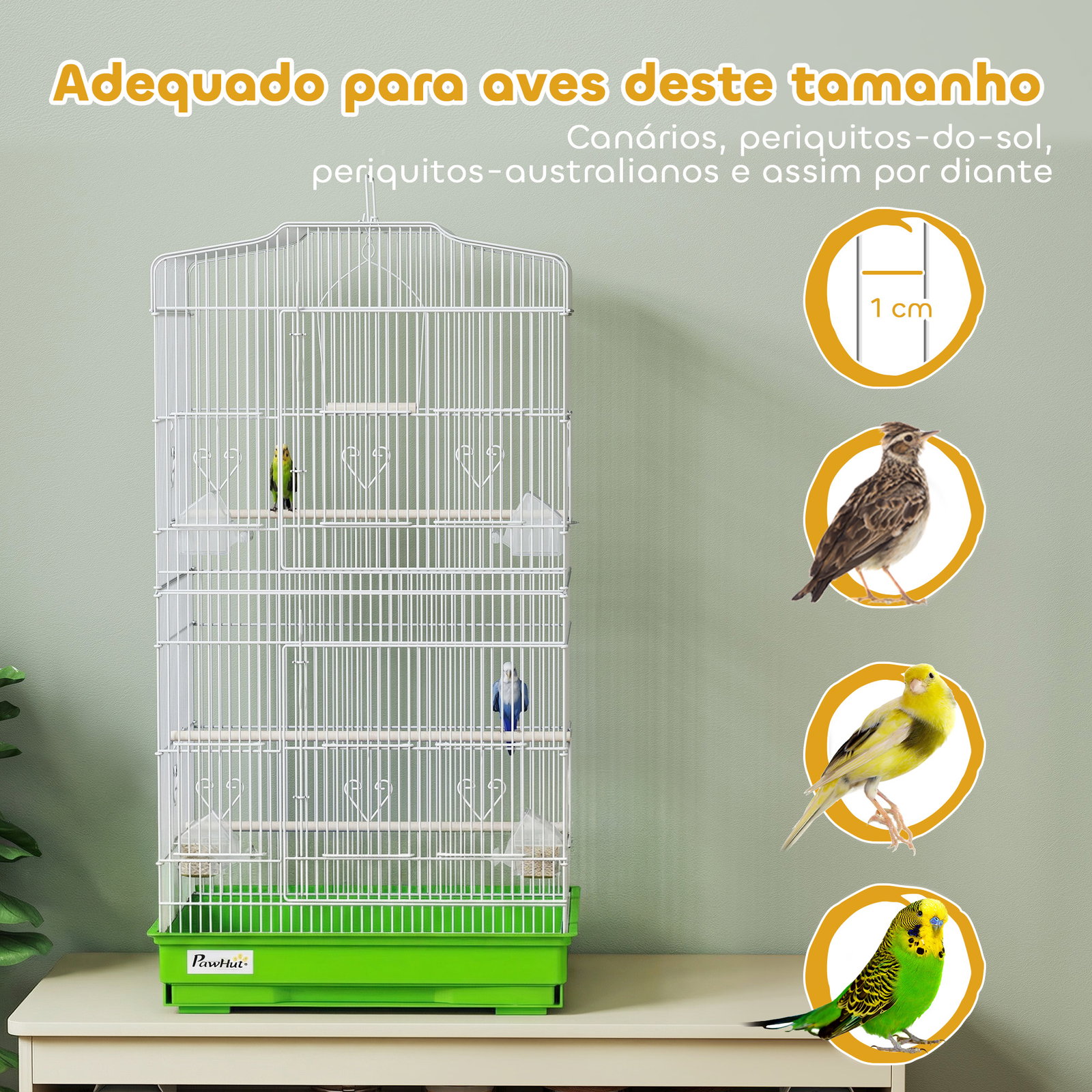 Gaiola para pássaros pajarera de metal com 4 comedouros 3 poleiros baloiço e bandeja removível alça 46,5x35,5x92 cm verde