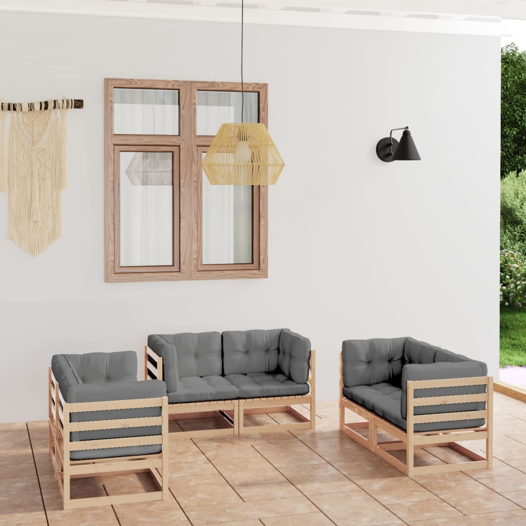 6 Pcs conjunto lounge de jardim com almofadões pinho maciço