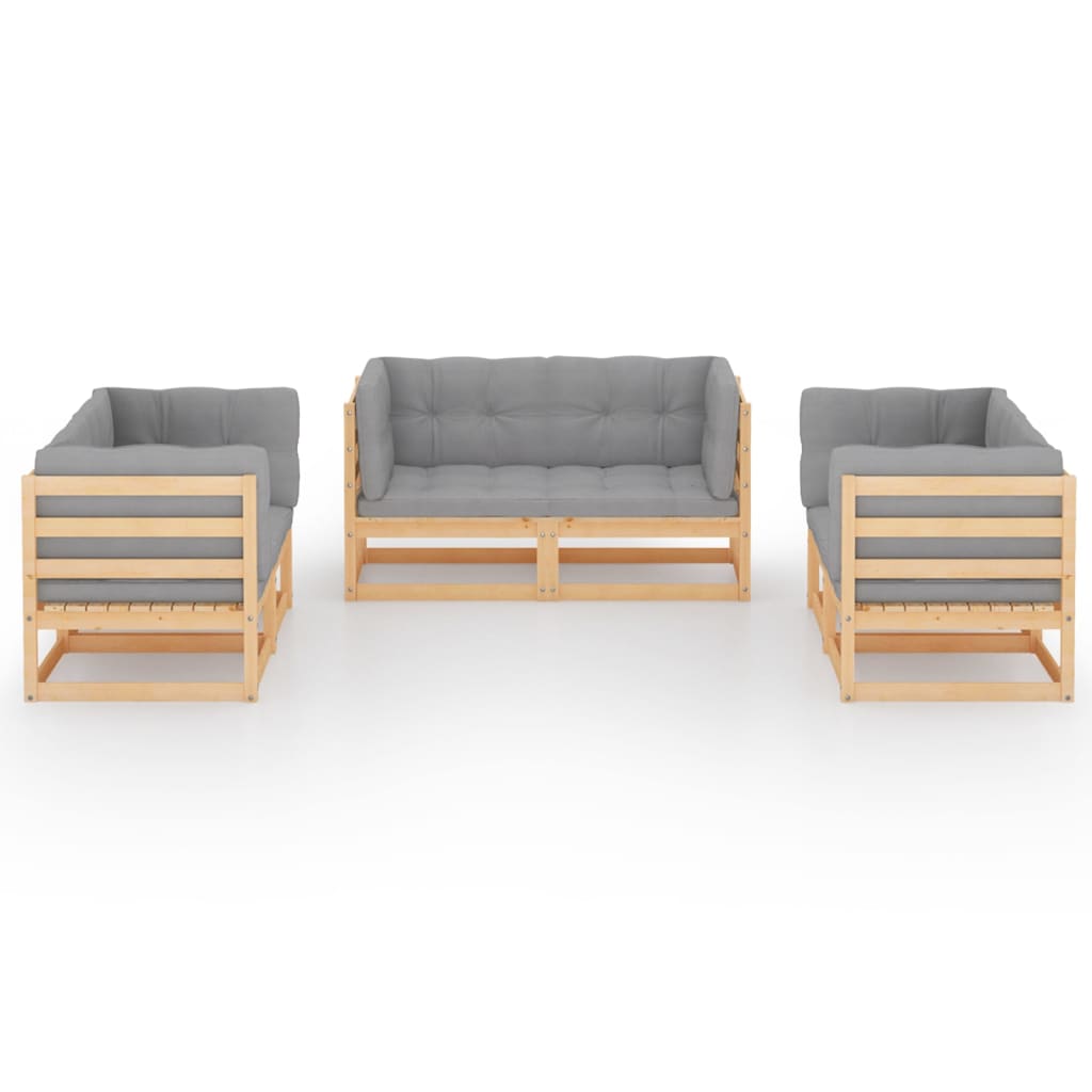 6 Pcs conjunto lounge de jardim com almofadões pinho maciço