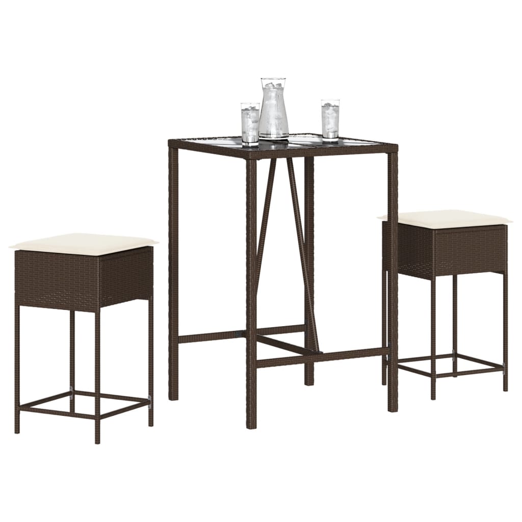 3 Pcs conjunto de bar p/ jardim com almofadões vime PE castanho