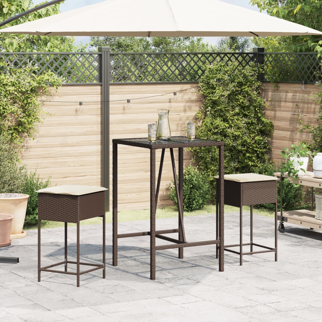 3 Pcs conjunto de bar p/ jardim com almofadões vime PE castanho