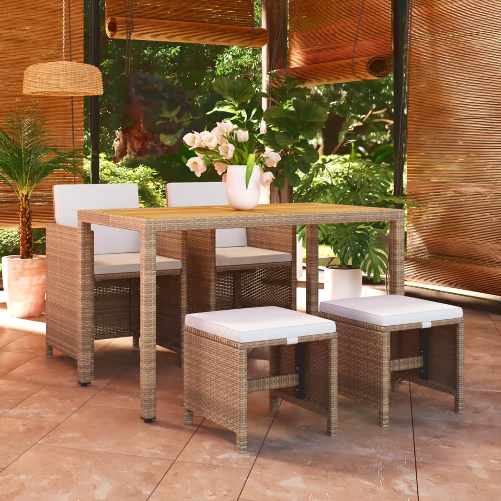 5 Pcs conjunto jantar p/ jardim c/ almofadões vime PE bege