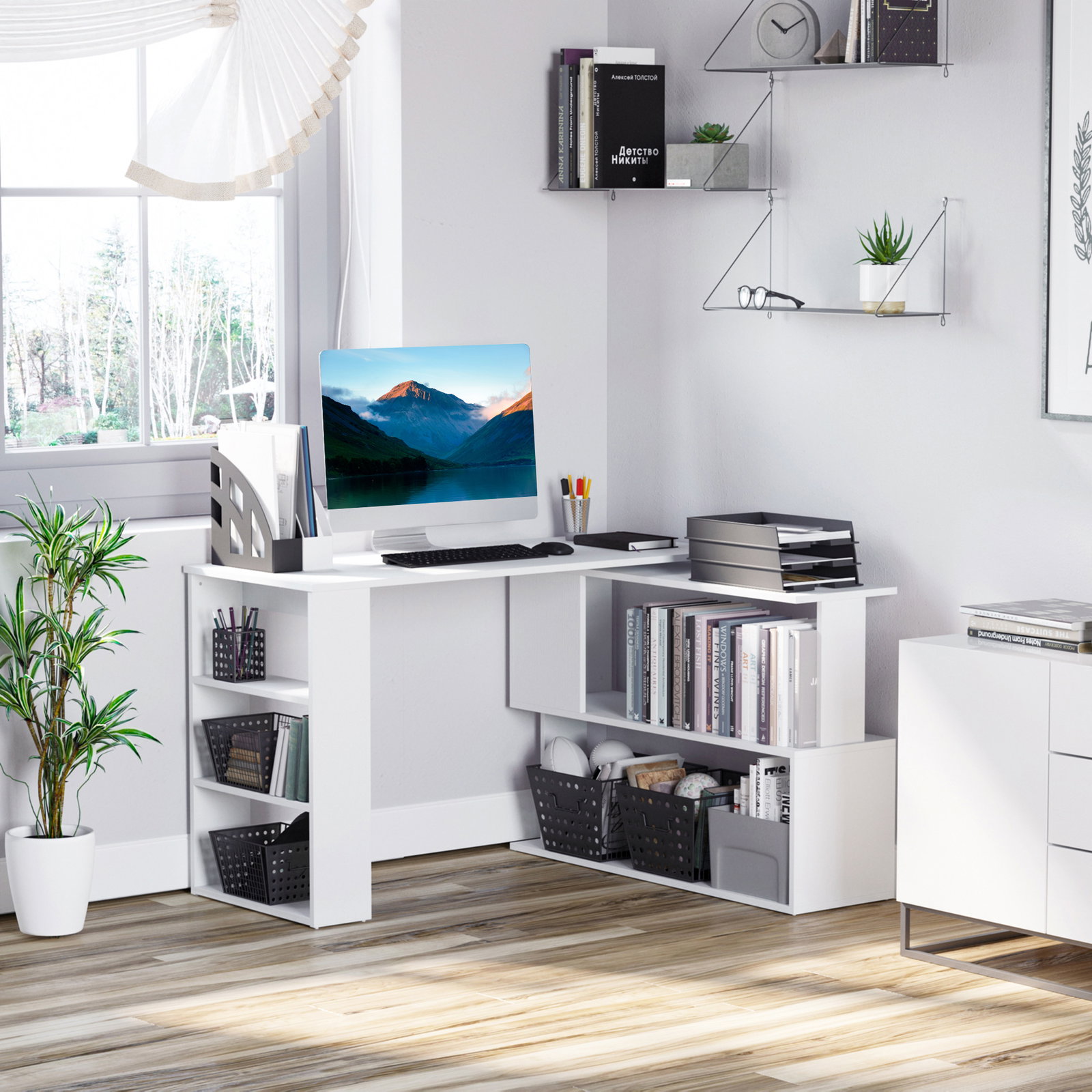 Secretária com estantes mesa de escritório 5 prateleiras 120x110x74cm branco