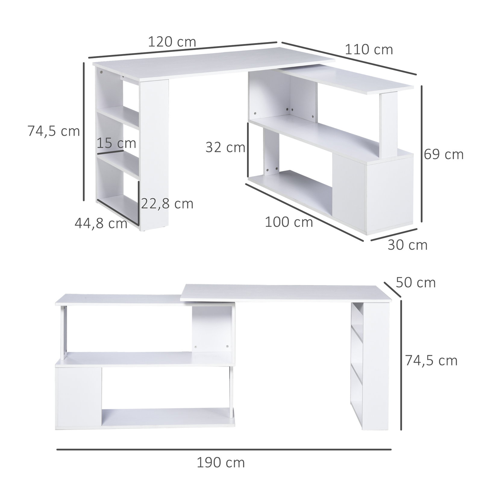 Secretária com estantes mesa de escritório 5 prateleiras 120x110x74cm branco