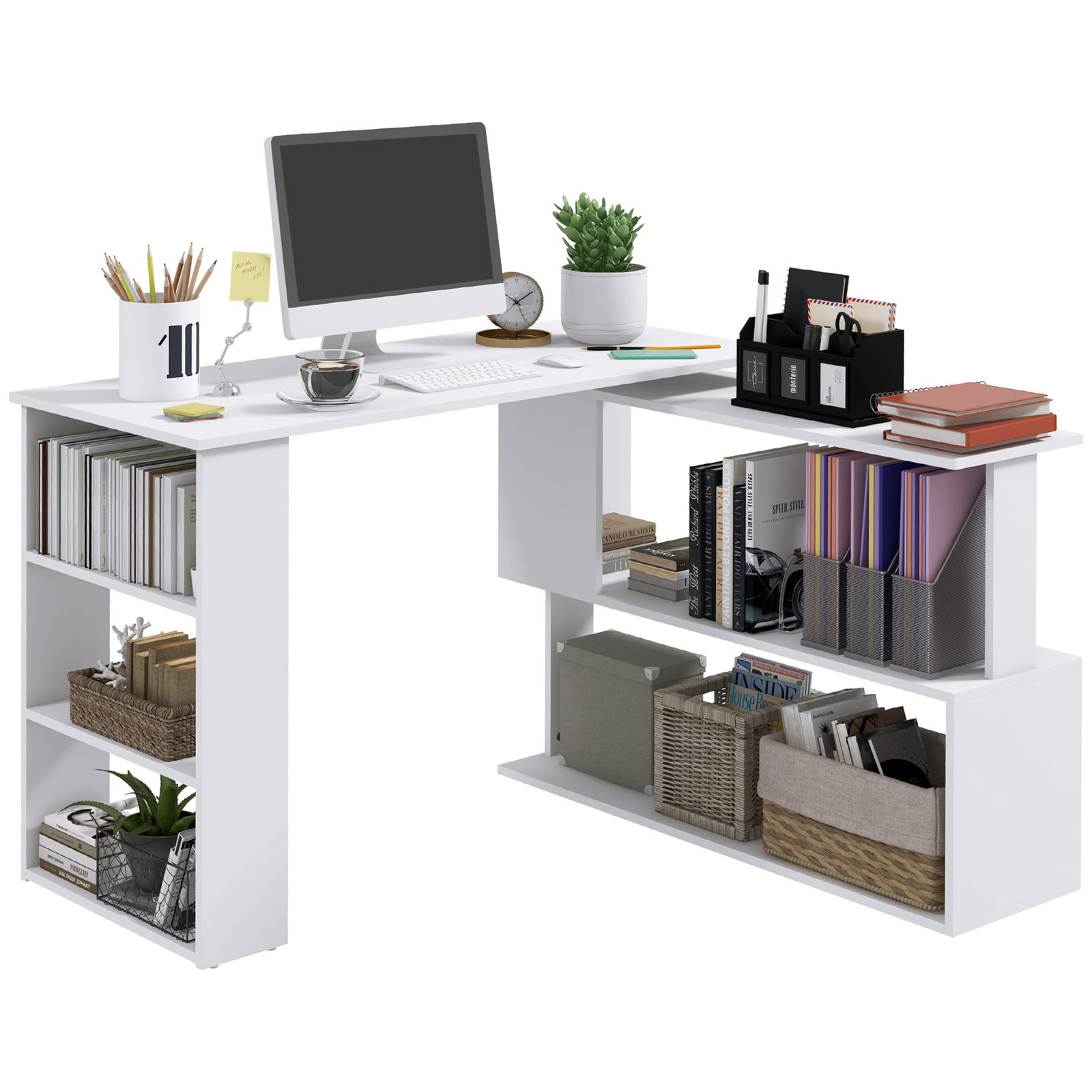Secretária com estantes mesa de escritório 5 prateleiras 120x110x74cm branco
