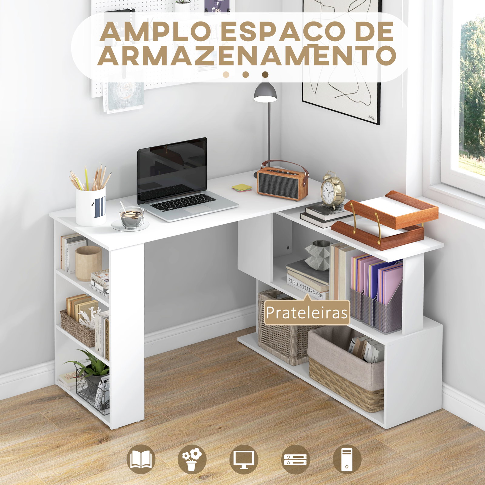 Secretária com estantes mesa de escritório 5 prateleiras 120x110x74cm branco