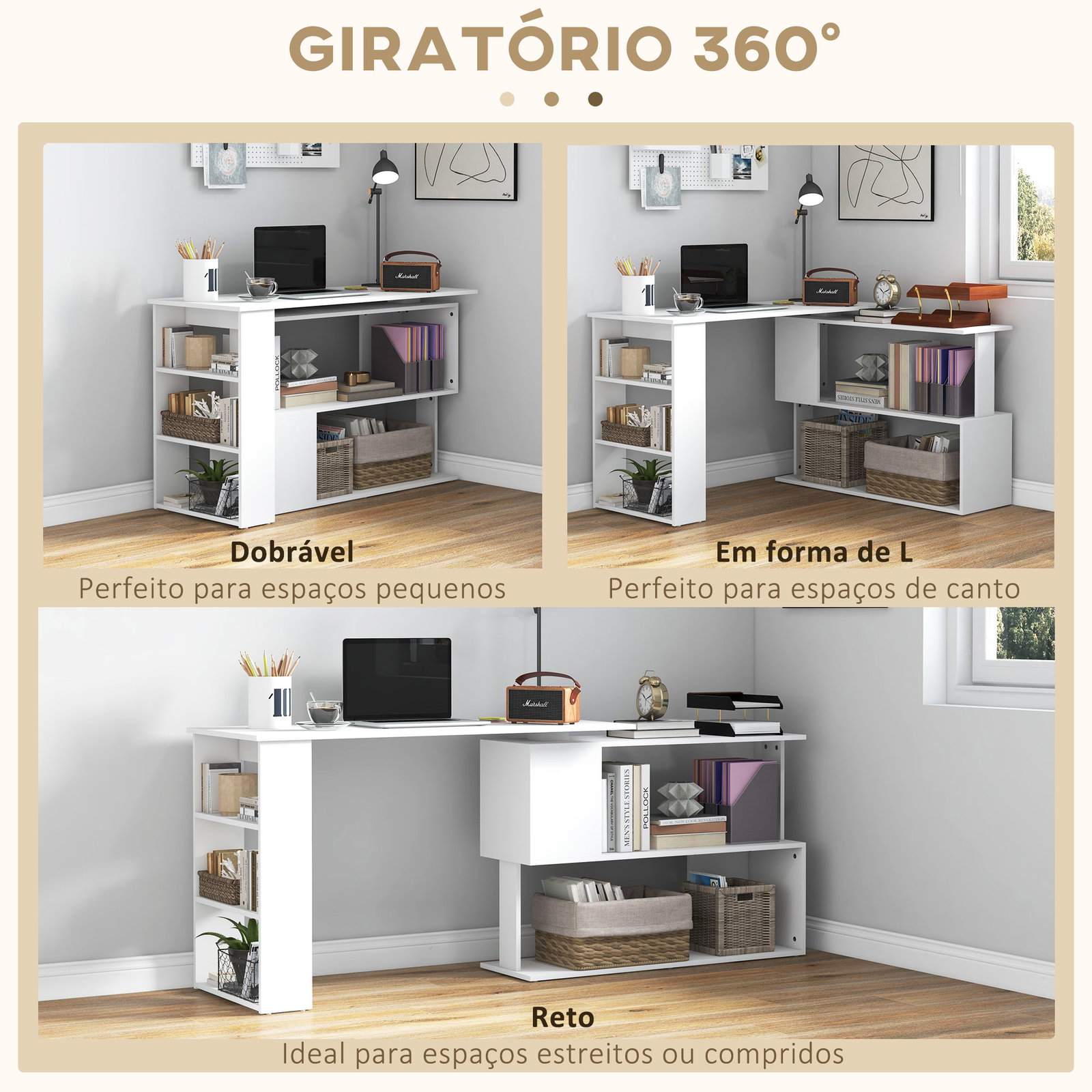 Secretária com estantes mesa de escritório 5 prateleiras 120x110x74cm branco