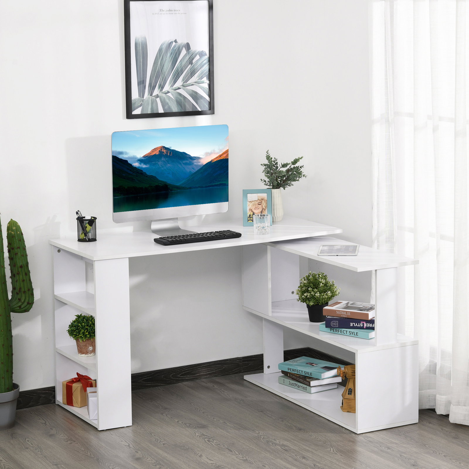 Secretária com estantes mesa de escritório 5 prateleiras 120x110x74cm branco