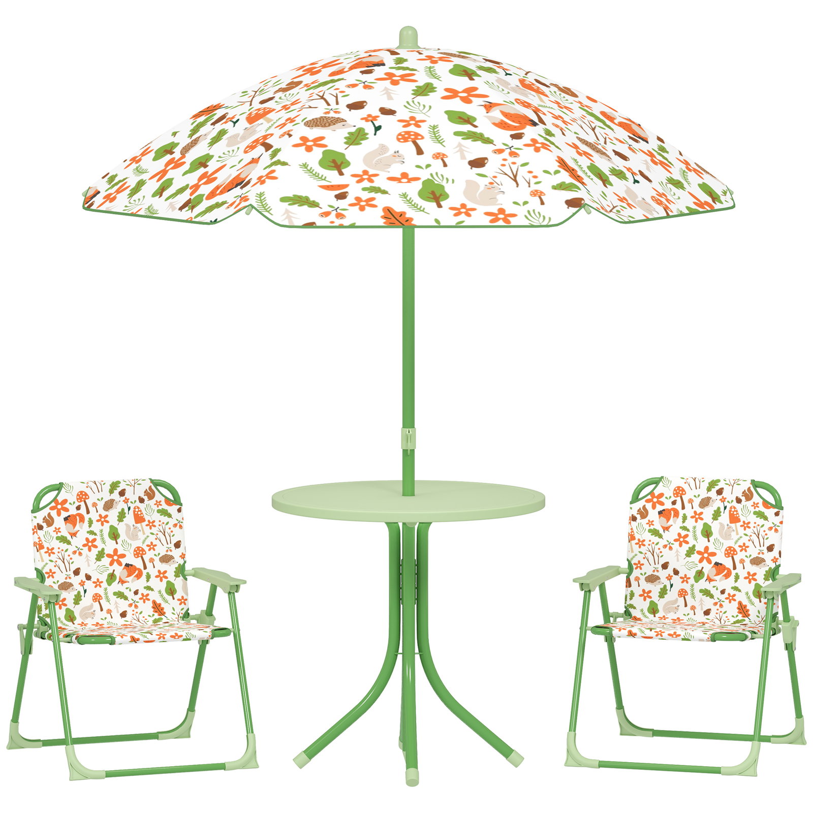 Conjunto de mesa e cadeiras para crianças de jardim com cadeiras dobráveis chapéu de sol ajustável e desenho de raposas verde