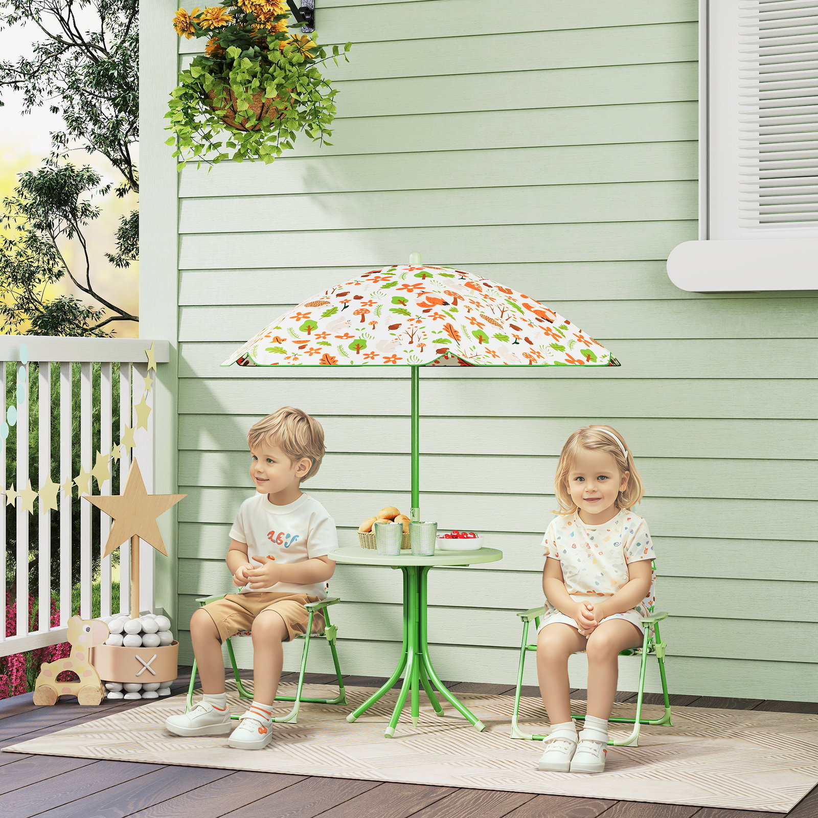 Conjunto de mesa e cadeiras para crianças de jardim com cadeiras dobráveis chapéu de sol ajustável e desenho de raposas verde