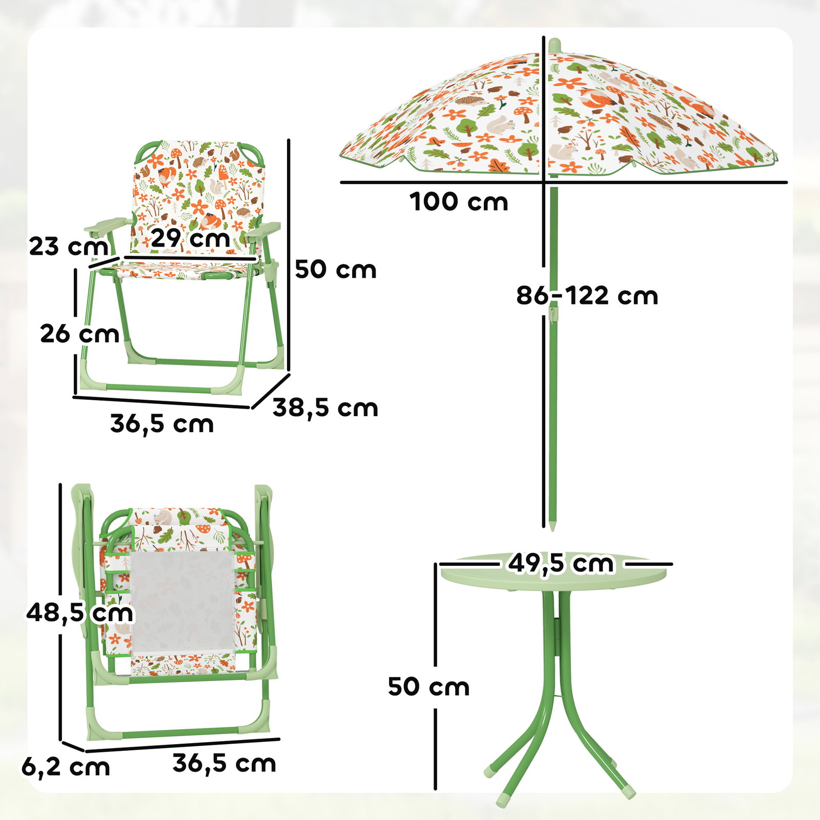 Conjunto de mesa e cadeiras para crianças de jardim com cadeiras dobráveis chapéu de sol ajustável e desenho de raposas verde