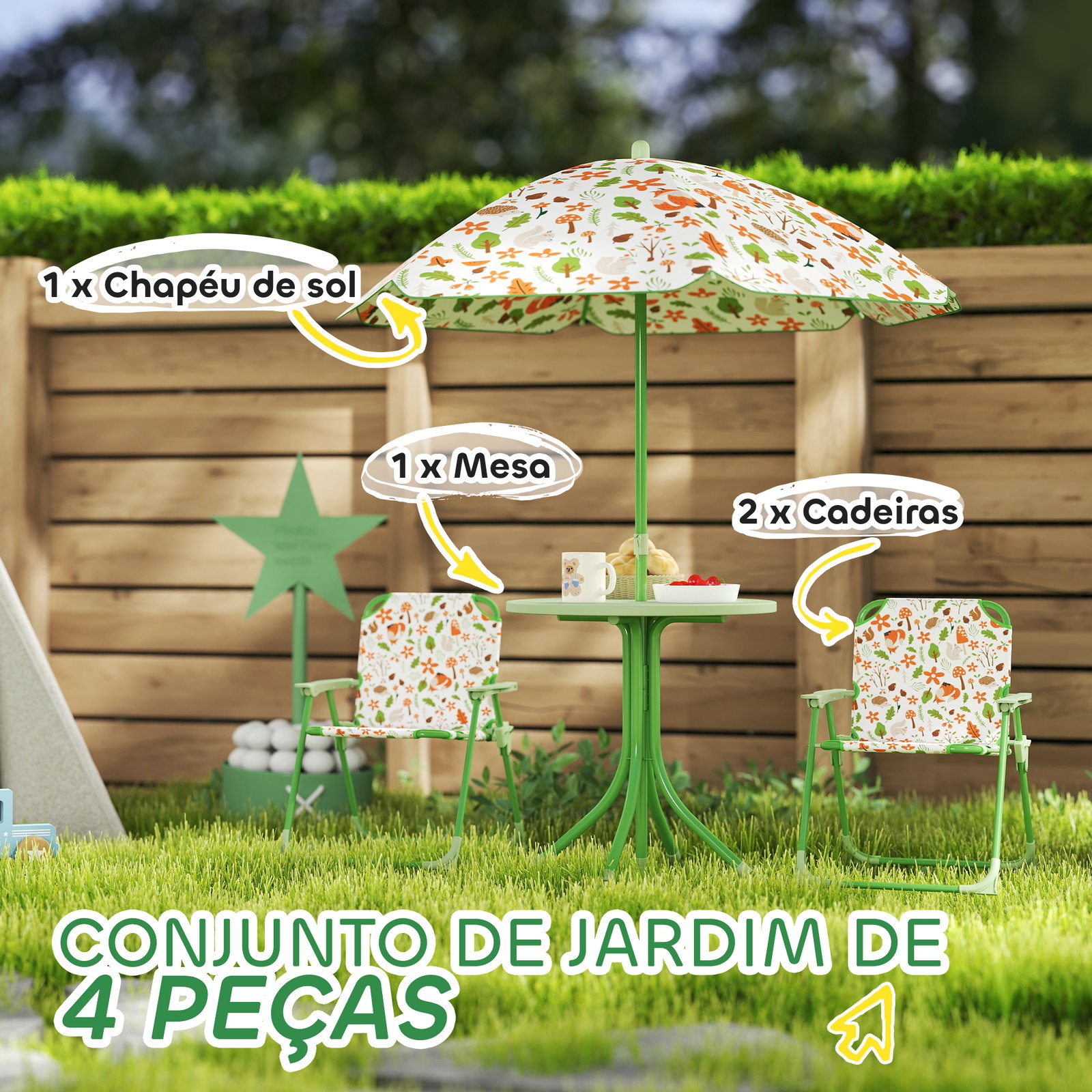 Conjunto de mesa e cadeiras para crianças de jardim com cadeiras dobráveis chapéu de sol ajustável e desenho de raposas verde